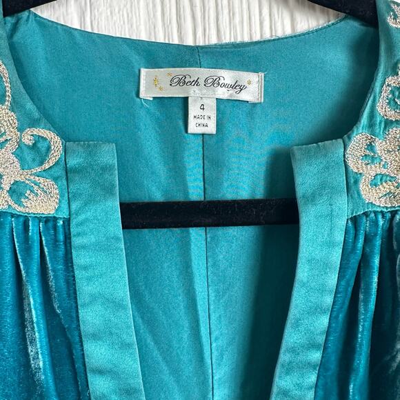 Beth Bowley Velvet Silk Embroidered Embellished Teal Silk Lined Mini Dress Sz 4 - Picture 3 of 7